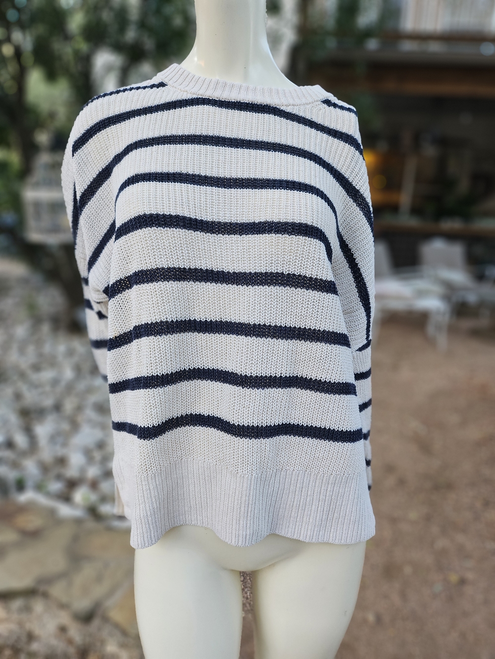 Faherty White & Navy Linen & Organic Cotton Striped Scoop Neck Sweater XL